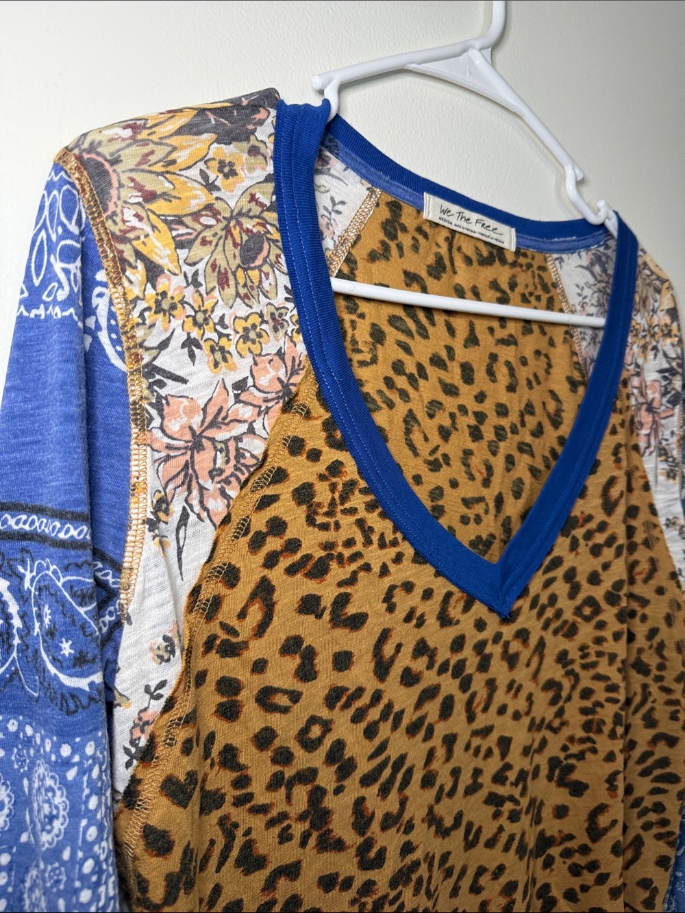 We The Free Blue & Brown Leopard Raglan V-Neck Top with Bandana Sleeves - Picture 3 of 5